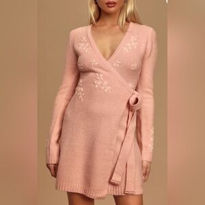 Lulus Memory Making Blush Pink Embroidered Wrap Sweater Dress NWT Medium Floral